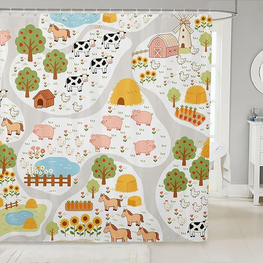 Cartoon Animals Shower Curtains Farm Animal Bathroom Curtains,Horse Cow Pig Waterproof Bath Curtains with 12 Hooks Suit for Bathtub,Colorful Flower Plant Kids Boys Girls Room Decor, 72" W x 78" L