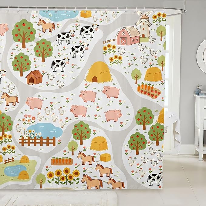 Cartoon Animals Shower Curtains Farm Animal Bathroom Curtains,Horse Cow Pig Waterproof Bath Curtains with 12 Hooks Suit for Bathtub,Colorful Flower Plant Kids Boys Girls Room Decor, 72" W x 84" L