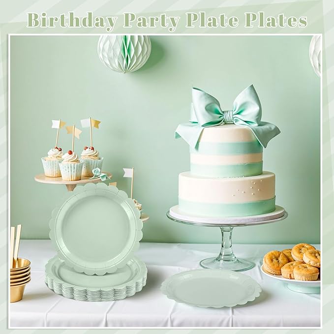NatNarr 30 Pcs Sage Green Paper Plates 9 Inch Disposable Scalloped Wedding Plates Cute Dessert Cake Plate Party Dinner Plate for Spring, Bridal Baby Shower, Engagement, Birthday