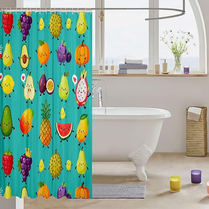 Kawaii Bath Curtain 72"Wx72"L Cute Cartoon Fruit Shower Curtain for Kids Child Girls Watermelon Pineapple Orange Bathtubs Shower Curtain Set Durian Raspberry Pumpkin Dragon Fruit Kawaii Room Decor