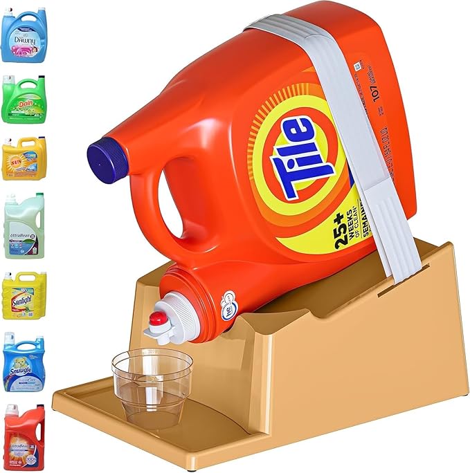 TidyFriend Liquid Laundry Detergent Holder Stand with Drip Tray & Rubber-Grip Feet, Stand for Laundry Room Organization and Storage, Fabric Softener Dispenser with Cup Holder for Easy Pouring (Beige)