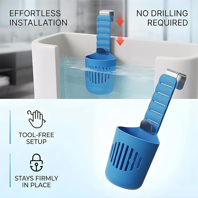 Adjustable Toilet Tank Tablet Holder, Hanging Controlled Release Bleach Tablet Dispenser, Large Silicone Basket Carrier with Rustproof Hooks for Toilet Tank, Fit Up to 7" Water Level,2pcs bla