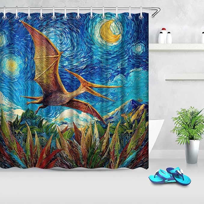 Shower Curtain Dinosaur Kids Bathroom Funny Bath Decor Blue and Yellow with 12 Hooks 72x72 Inches