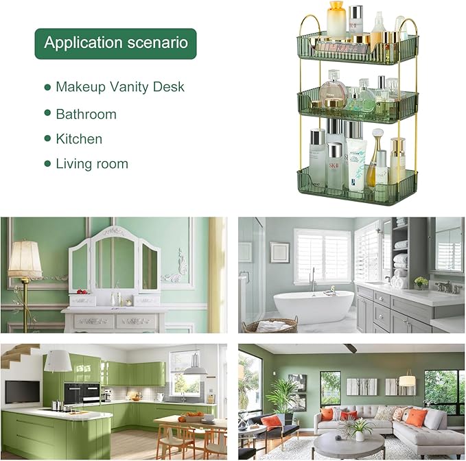 3-Storey Bathroom Counter Organizer, Green, Luxury Style, for Cosmetic Skin Care Lipstick