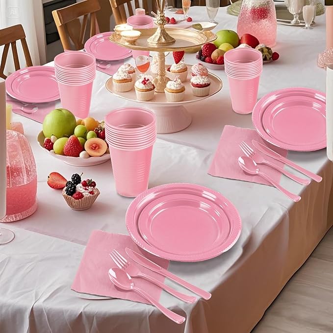 Pink Plastic Plates, 25 Guest Pink Party Supplies Set, Pink Disposable Dinnerware Set, Including Plastic Plates, 12 oz Cups, plastic Cutlery and Paper Napkins for Mothers Day Party Wedding Birthday
