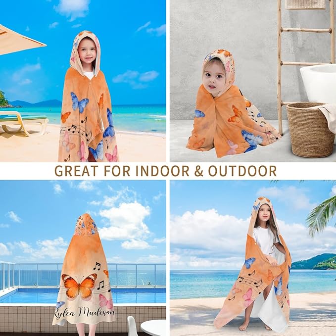 Music Butterfly Watercolor Personalized Hooded Towel Absorbent Wrap Soft Pool Beach Bath Towels Hood Poncho for 5-12 Years Kids Boys Girls