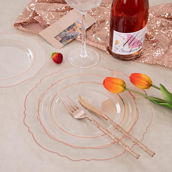 Liacere 150PCS Rose Gold Plastic Plates - Clear Rose Gold Disposable Plates with Glitter Bamboo Handle Cutlery - 60 Baroque Elegant Plates, 30 Forks, 30 Spoons, 30 Knives for Wedding ＆ Party