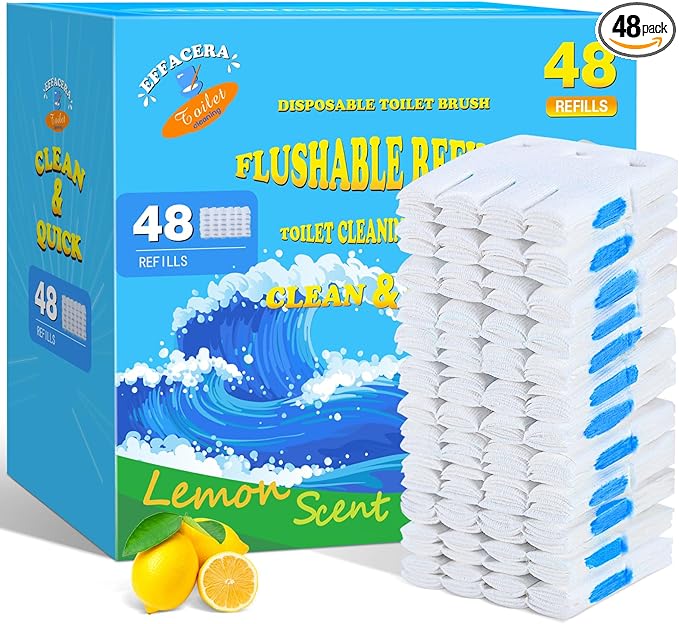 Effacera 48 Count Flushable Toilet Refills, Disposable Toilet Bowl Paper Bulk, Fresh Flushable Toilet Brush Refill Pads for Toilet and Bathroom, Toilet Brush Accessories (No Handle)