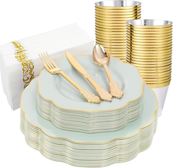 NOCCUR 175PCS Sage Green Plastic Plates with Gold Disposable Silverware - Include 50 Green and Gold Plastic Plates,25 Knives,25 Forks,25 Spoons,25 Cups and 25 Napkins - Mother's Day/Spring Party