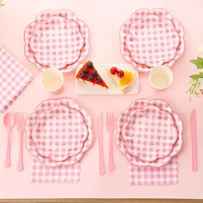 175 Pcs Pink Gingham Plates and Napkins Party Supplies - Pink and White Checkered Plates Sets Serve 25 Guests - Scalloped Gingham Paper Plate for Birthday Wedding Picnic Mother's Day Party Decorations