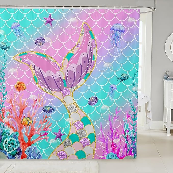 Mermaid Tail Waterproof Shower Curtain,Kids Fish Scales Bath Curtain 72"Wx78"L,Girly Rainbow Shower Curtain Ocean Life Sea Animal Curtains Teal Sequins Pastel Pink Paillette Bathroom Decor,Multicolor