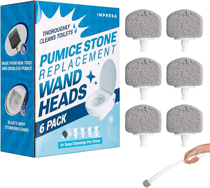Impresa 6-Pack Pumice Stone Toilet Bowl Cleaner Refill Heads - Compatible with Clorox Toilet Wand Refills - Reusable Natural Stone Scrub Heads for Tough Stains