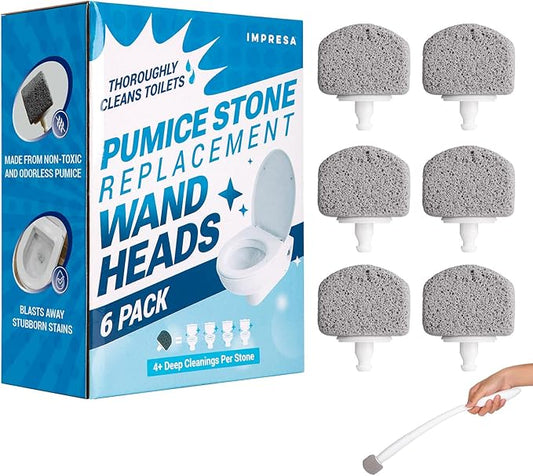 Impresa 6-Pack Pumice Stone Toilet Bowl Cleaner Refill Heads - Compatible with Clorox Toilet Wand Refills - Reusable Natural Stone Scrub Heads for Tough Stains