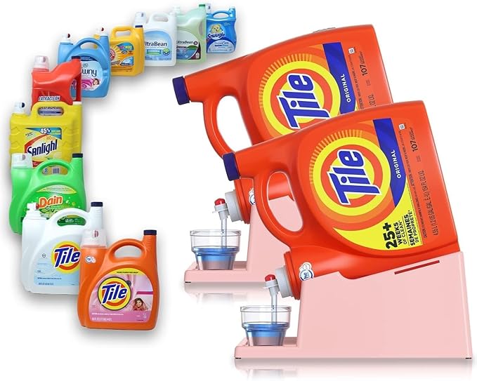 TidyFriend 2 Pack Liquid Laundry Detergent Holder Stand with Drip Tray & Rubber-Grip Feet, Stand for Laundry Room Organization and Storage, Fabric Softener Dispenser with Cup Holder (Rose)