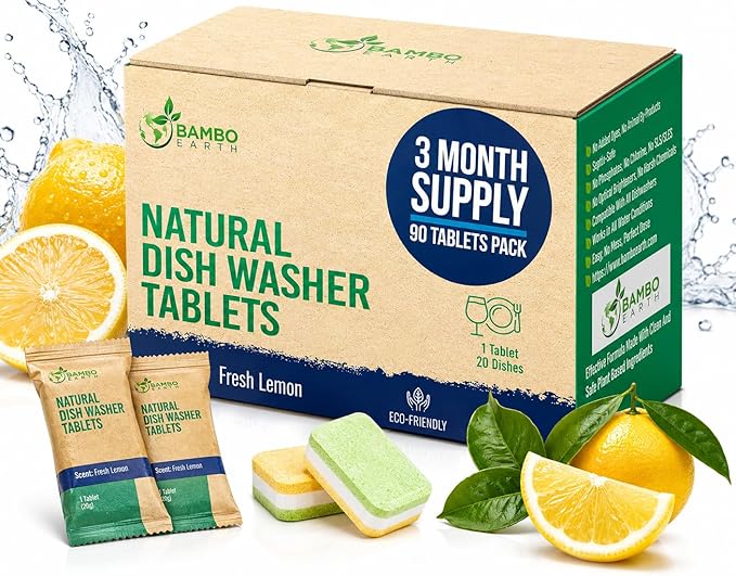 Natural Dishwasher Detergent Tablets - Plant Based Alternative Refill Pack Dishwashing Tabs - Eco-Friendly And Plastic Free Way To Cleaner Dishes - 30/60/90 Refills Dish Washer Soap Pods (90 Pack)