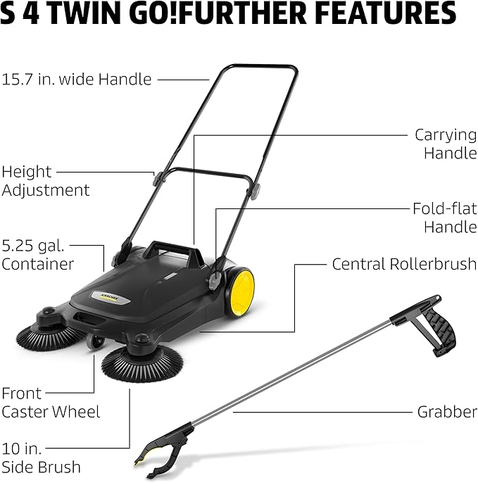 Kärcher Walk Behind Outdoor Push Sweeper S 4 Twin Go!Further for Workshops, Sidewalks, Driveways or Garages with Debris Grabber 5.25 Gallon Capacity, 26.8" Sweeping Width