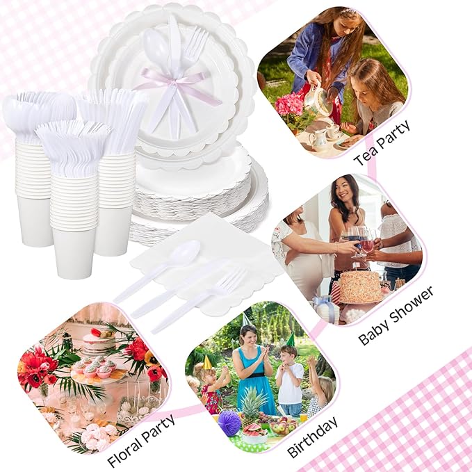 Ziliny 350 Pcs White Plates and Napkins, 50 Guest White Party Supplies Include Scalloped Paper Plates Napkins Cups Plastic Spoons Forks Knives Disposable Tableware Set for Weeding Bridal Baby Shower