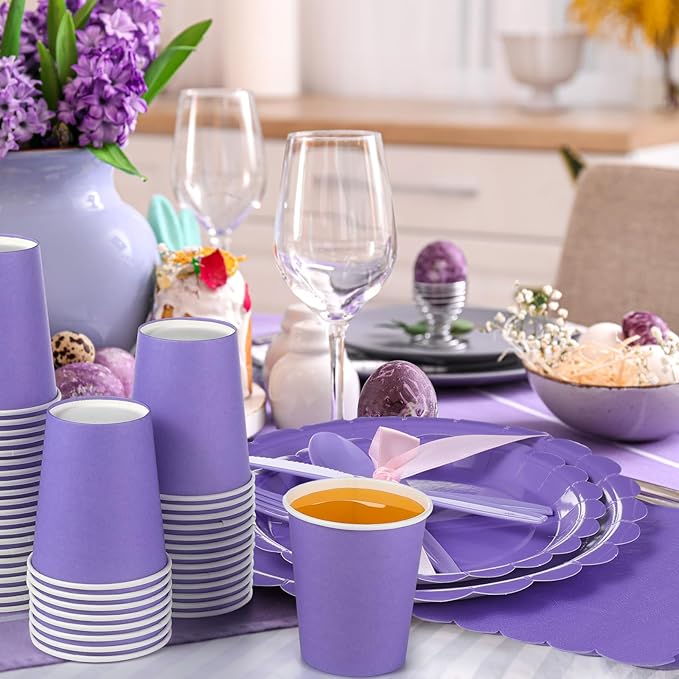 Ziliny 350 Pcs Purple Plates and Napkins, 50 Guest Lavender Party Supplies Include Scalloped Paper Plates Napkins Cups Plastic Spoons Forks Knives Disposable Tableware Set for Baby Shower