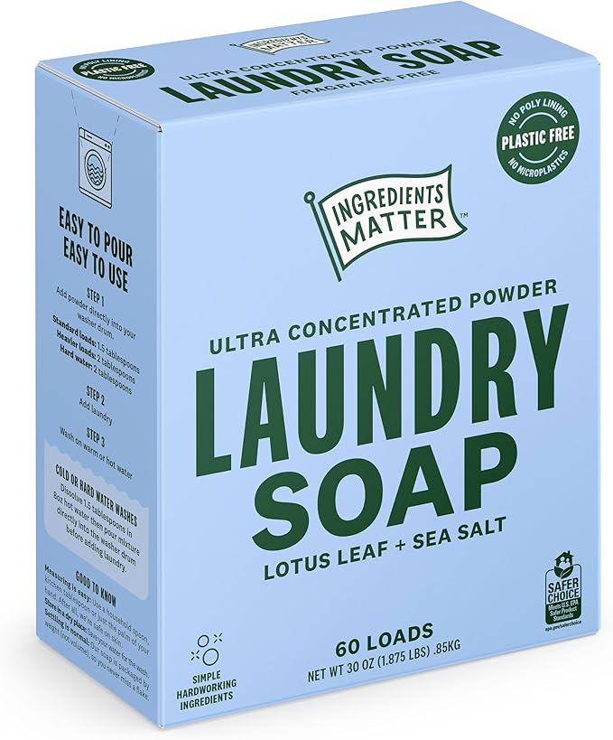 Ingredients Matter Powder Laundry Soap - Lotus Leaf + Sea Salt Scent, Hypoallergenic Detergent, Natural & Eco-Friendly, Plastic Free, Natural Essential Oils & Dermatologist Tested - 30 oz, 60 Loads