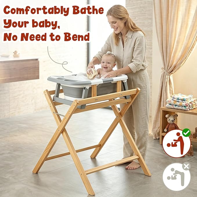 FUNLIO Wooden Baby Bathtub Stand, Foldable Baby Bath Stand for 0-24 Months, Safe & Sturdy with 8-Point Support, Durable infant Tub with Waterproof Coating, 110lbs Capacity