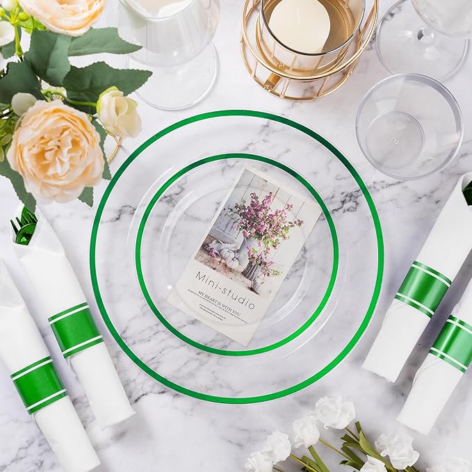 Goodluck 350Pcs Green Plastic Dinnerware Set for St. Patrick's Day, Clear Disposable Plates for 50 Guests, Include 50 Dinner Plates, 50 Dessert Plates, 50 Pre Rolled Napkins with Cutlery Set, 50 Cups