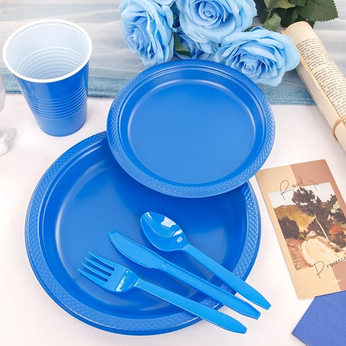 WELLIFE 210Pcs Blue Plastic Plates,Disposable Dinnerware Set,Party Supplies Including Blue Plates, 12oz Cups, plastic Cutlery and Napkins Serve 30 Guests, Plastic Plates for Party