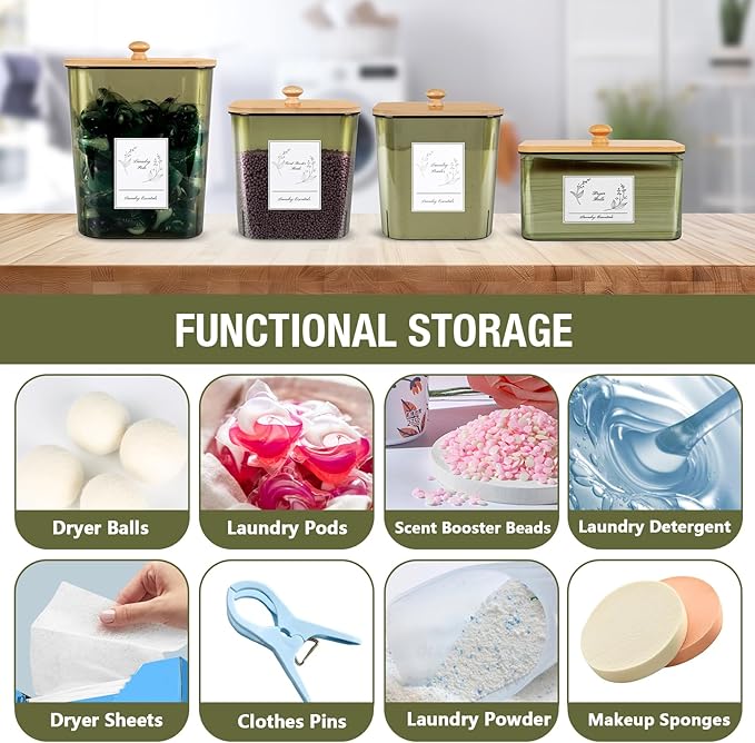 Zingbee 4 Pack Laundry Pods Container & Dryer Sheet Holder, Plastic Pod Holder with Lids & Scoops, Laundry Room Organization and Storage Sets for Powder, Detergent, Scent Booster
