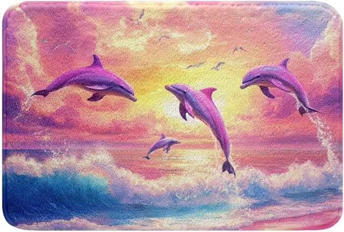 Cute Dolphin Kids Bath Mats,Ocean Sea Waves Lake House Summer Mats Rugs for Girls,Beach Sunset Rainbow Hawaii Bath Carpets,Pink Romantic Bath Rugs,Absorbent Floor Mats,16Wx24L Inches