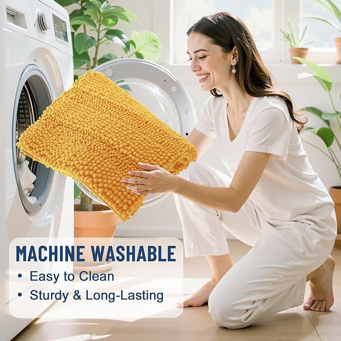 Grandaily Chenille Striped Bathroom Rugs 36x24, Extra Thick and Soft Absorbent Bath Mats, Rubber Backing, Plush Shaggy Shower Carpet, Machine Wash Dry, Bath Rug for Bathroom, Golden Yellow