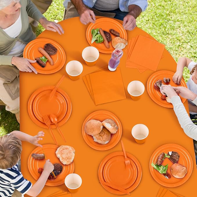 Kochorie 169 Pieces Orange Party Supplies Disposable Dinnerware Set Include Plates and Cups Napkins Plastic Forks Knives Spoons Tablecloth for Wedding Birthday Party Decorations, Serve 24 Guests