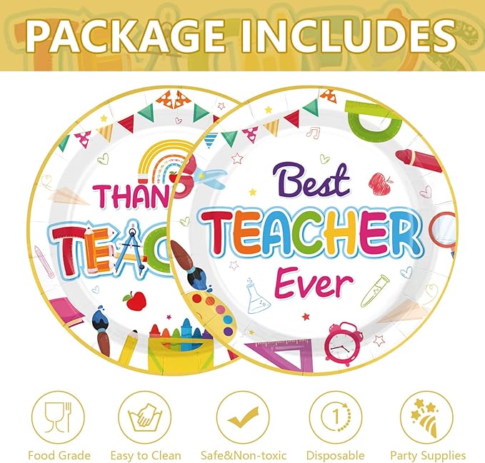 Grencian 50Pcs Thank You Teachers Decorations 9" Thank You Teachers Party Plates Disposable Teacher Appreciation Best Teacher Ever Tableware for Teachers Day 2026 Graduation Party Decorations