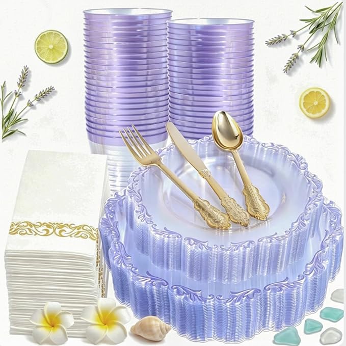 PULOTE 175PCS Purple Plastic Plates - Clear Plastic with Purple Rim - Include 25 Each (Dinner & Dessert) Plates, 25 Guests Cutlery, 25 Cups, 25 Napkins for Party & Spring