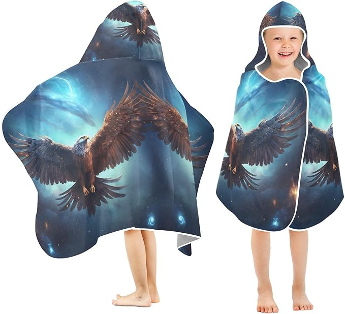 Hooded Towel for Kids Flying Eagle in Space Pattern Beach Wrap Bath Towels 50x23.5in