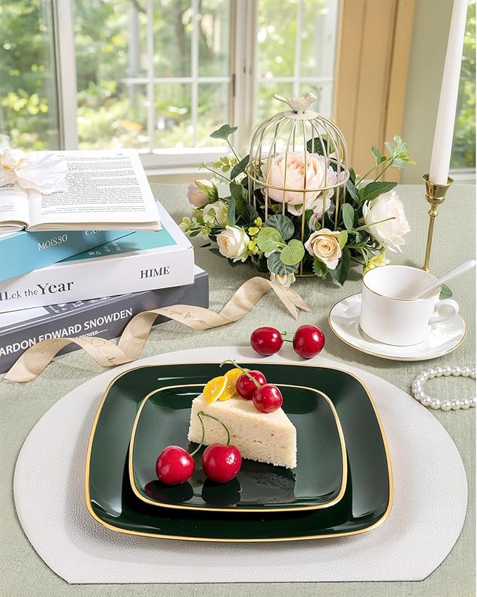 bUCLA 50PCS Green and Gold Plastic Plates - Green Gold Square Plastic Disposable Include 25 Each (Dinner & Dessert) Plates, Ideal for Party & Christmas