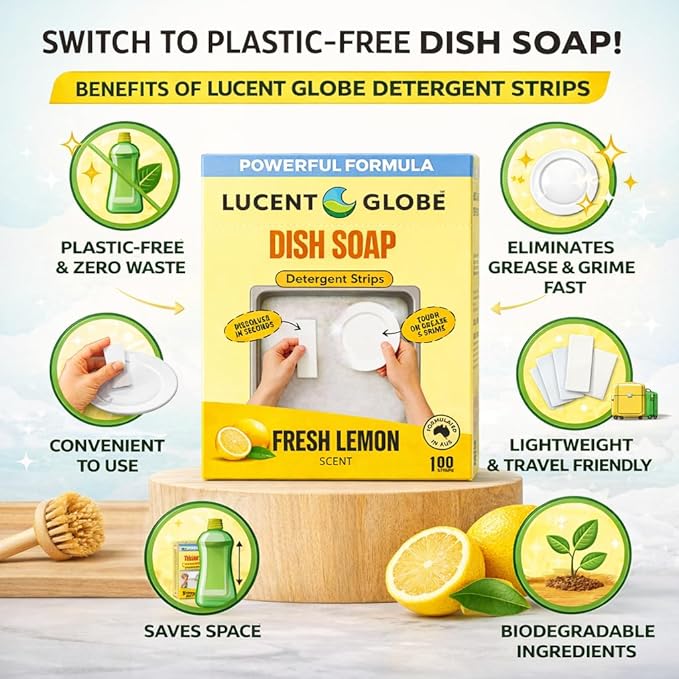 Lucent Globe Dish Soap Sheets – Fresh Lemon Scent – Dawn Replacement, Cuts Through Grease, 100 Washes, Liquidless, Spot-Free Finish, Hard Water Compatible, 100% Plastic-Free, Natural Ingredients