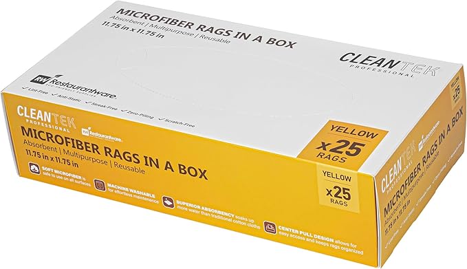 Restaurantware-Clean Tek Professional 11.81 x 11.81 Inch Microfiber Rags In a Box, 25 Absorbent Cleaning Cloths - No-Scratch, Yellow Microfiber Reusable Edgeless Cleaning Towels, Leaves No Streak
