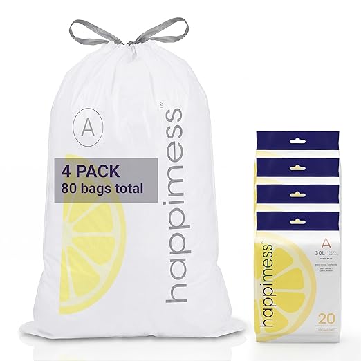 happimess 8 Gallon (30L) Drawstring Trash Bags, Lemon Scent, White, Heavy Duty MDPE Liners for Kitchen and Household, Odor Control, Custom Fit 80 Count (4 Packs of 20 Liners) HPM3100A-W-4SET