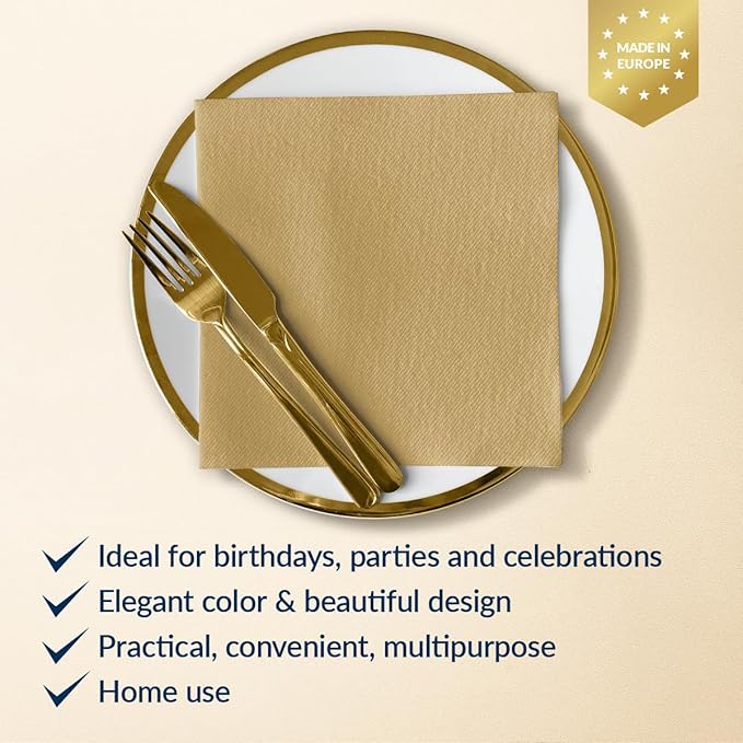 PAW - 50 Pieces Airlaid Paper Linen-Feel Napkins 16" x 16", Monocolor Disposable Cloth-Like Napkins, Elegant Gold Dinner Napkins for Kitchen, Party, Wedding, Gatherings, Christmas