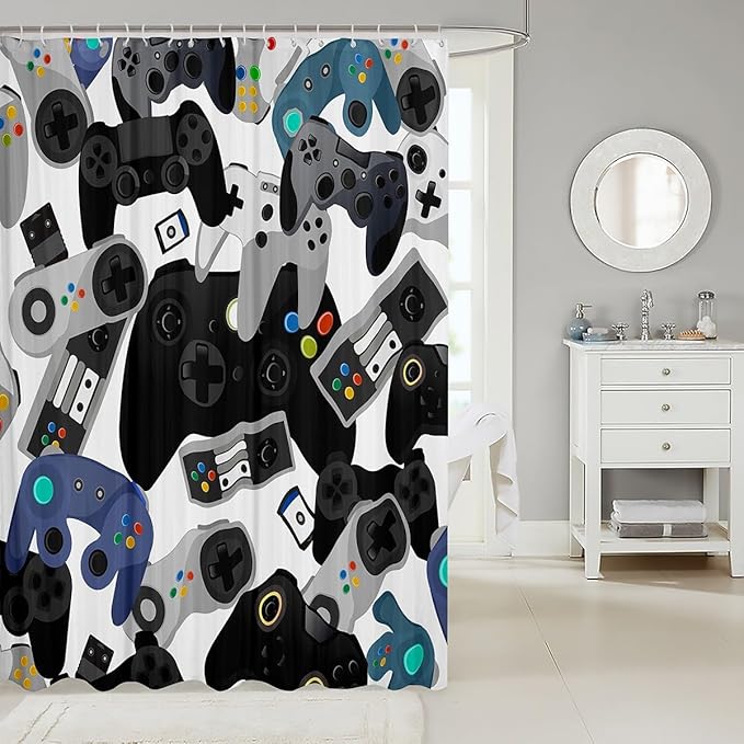 Castle Fairy Gamer Shower Curtain,Watercolor Gamepad Bath Curtain Kids Teen Boys Gaming Bath Curtain,Video Games Room Shower Curtain,with 12 Holes,Red Blue White Black 72" W x 78" L