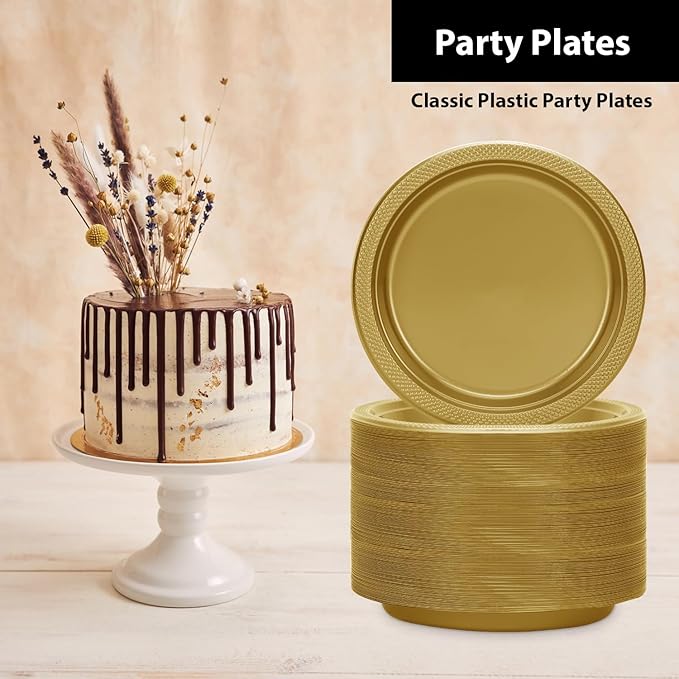 Hanna K. Signature Gold Plastic Plates 7 Inch - 600 Count - Plastic Solid Round Party Plates for Weddings, BBQs, Birthday Plates - Disposable Gold Plates - Plastic Dessert Plates