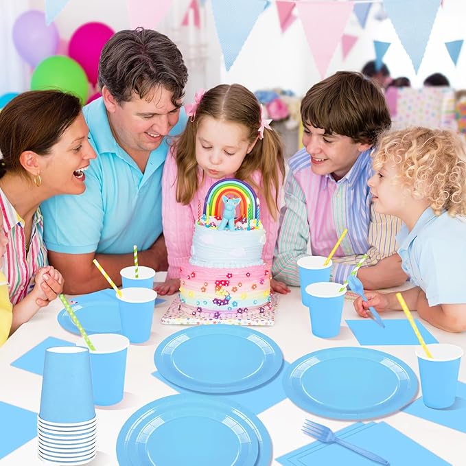 228PCS Light Blue Party Supplies Set Include Paper Plates Cups Paper Napkins Plastic Spoons Forks Knives for 30 Guests Disposable Party Dinnerware for Birthday Wedding Family Picnic