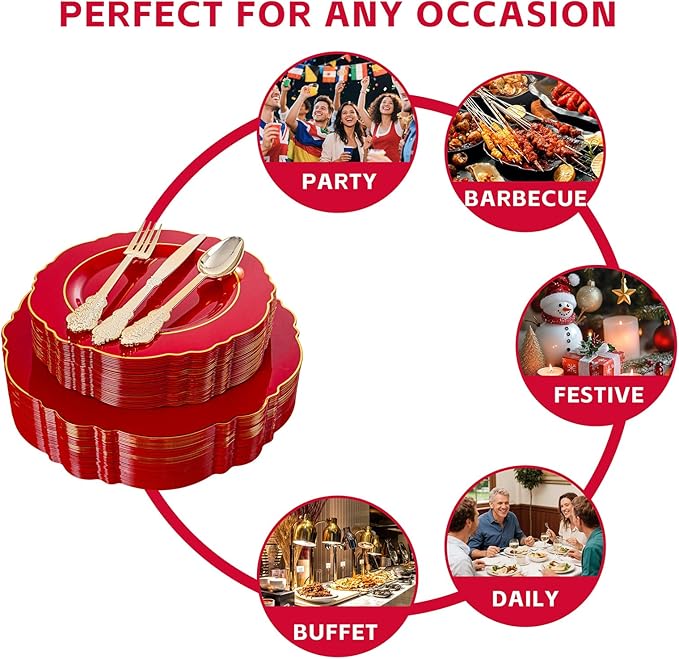 Liacere 350PCS Red Plastic Plates - Red Disposable Plates With Gold Rim - 50Guest Baroque Plastic Dinnerware include 100Plates-50Pack Pre Rolled Napkins with Silverware 50Cups for Wedding&Memorial day