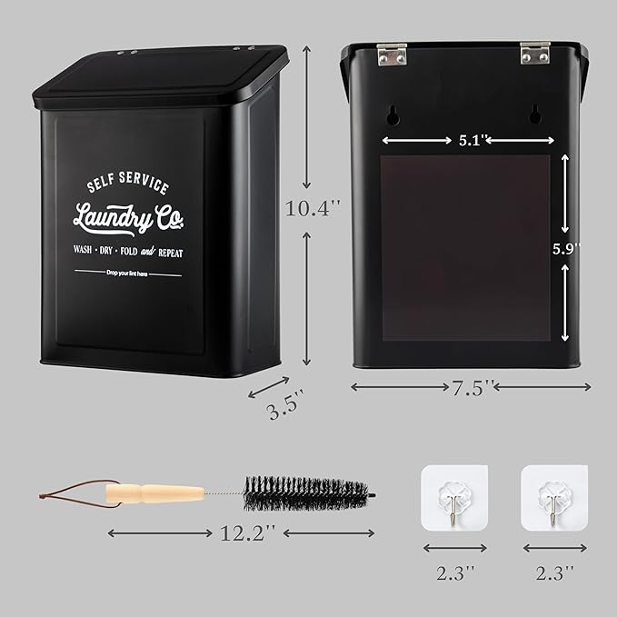 MONJITA Magnetic Lint Bin for Laundry Room, Wall Mounted Lint Trash Can with Lid for Dryer, Laundry Room Organization and Storage with Brush(Black)