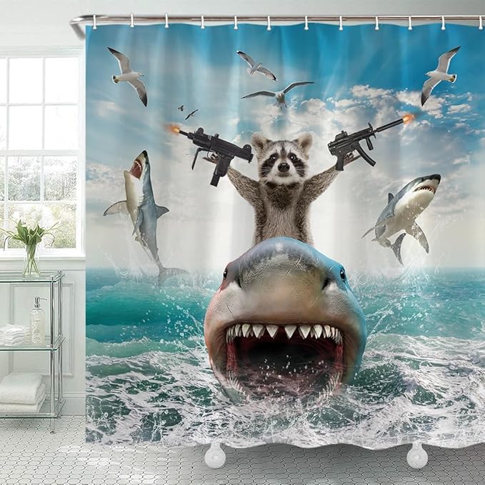 TOMOZ Funny Animal Shower Curtain, Cool Raccoon Riding Shark Theme Ocean Shower Curtain for Bathroom, Fun Nautical Kids Children Fabric Bath Curtain with 12 Hooks 60 x 70Inch