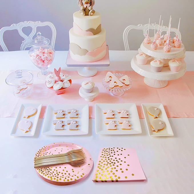 Pink and Gold Party Supplies,Serves 35 Guests Pink Paper Plates and Napkins,Disposable Party Paper Plates for Birthday Wedding