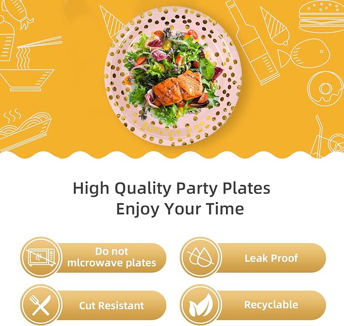 Pink & Gold Dots Disposable Paper Plates, 50 PCS Party Supplies Dessert Plates for Birthday Wedding Bridal Shower (7 Inches)