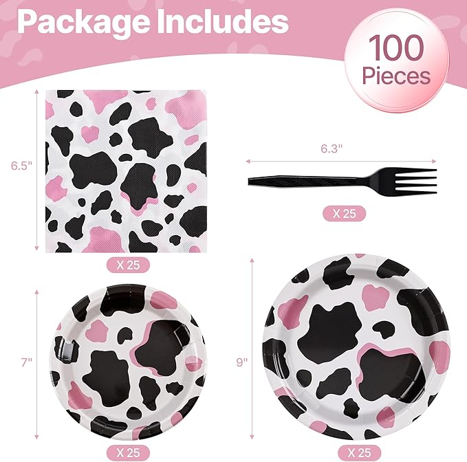 100 Pcs Cow Party Supplies for 25 Guests, Heavy-Duty 7" & 9" Paper Plates, 2-Ply 13" Napkins & Plastic Forks, Disposable Tableware Set for Cow Birthday, Farm and Western Party