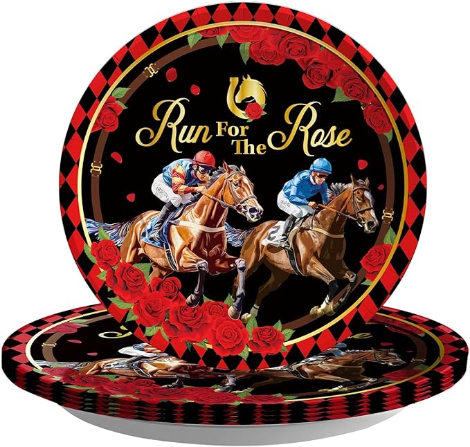 50Pcs Derby Paper Round Plates 10" Heavy Duty Run for the Roses Disposable Dessert Plates Derby Day Racing Horse Dinner Plates Tableware Sets for Kentucky Horse Birthday Party Supplies Decorations