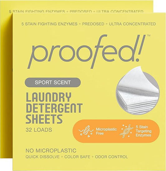 Proofed! Laundry Detergent Sheets, The Only 100% Plastic-Free Sheet, No PVA or PVOH, Hypoallergenic, Bio-Based Ingredients, Made in USA, Sport Scent, 2 Box, 64 Count
