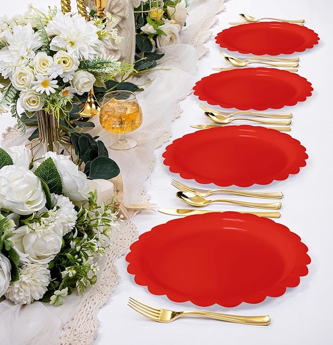 HEIPINIUYE 25 Pieces Red Paper Plates 9 Inch Red Scalloped Plates Disposable Dinner Plate for Wedding Baby Shower Birthday Christmas Party Dessert Plate